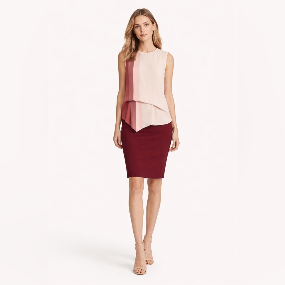 BCBGMAXAZRIA ColorBlock Draped Blouse Top Career Formal Maroon Beige Modern XXS - Picture 3 of 7
